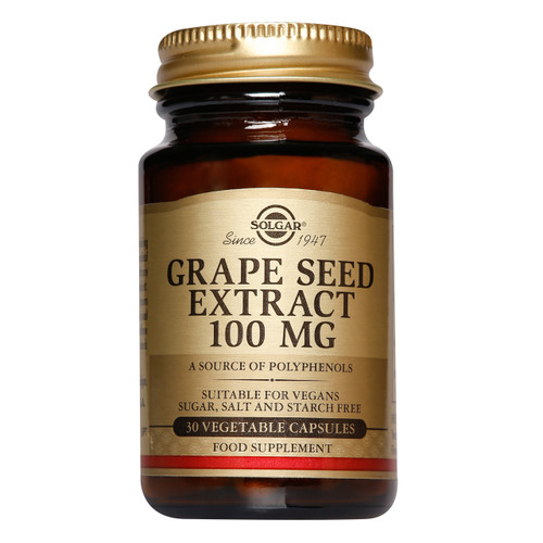 Solgar Grape Seed Extract 100mg 30 capsules, brown glass bottle gold label, is a potent antioxidant supplement