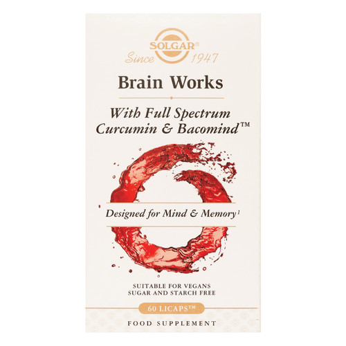 Solgar Brain Works with Full Spectrum Curcumin & BacoMind is designed to enhance concentration & improve memory.