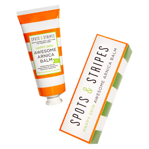 Spots & Stripes Happy Skin Awesome Arnica Balm 50g in an aluminium tube. A head-to-toe balm for bruising, cramps, headaches, sprains and minor sports injuries.
