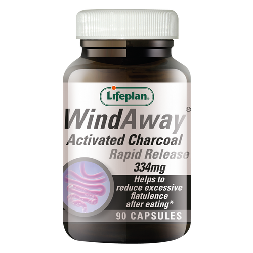 LifePlan WindAway Activated Charcoal capsules, 90 capsules glass bottle,  contribute to reducing excessive flatulence after eating