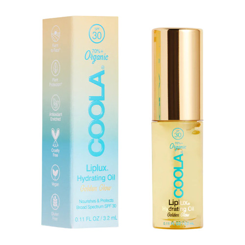Coola Liplux® Organic Hydrating Lip Oil Sunscreen SPF 30 - yellow and light blue box & yellow tube.  The lip oil helps relieve dry lips while protecting them from the sun.