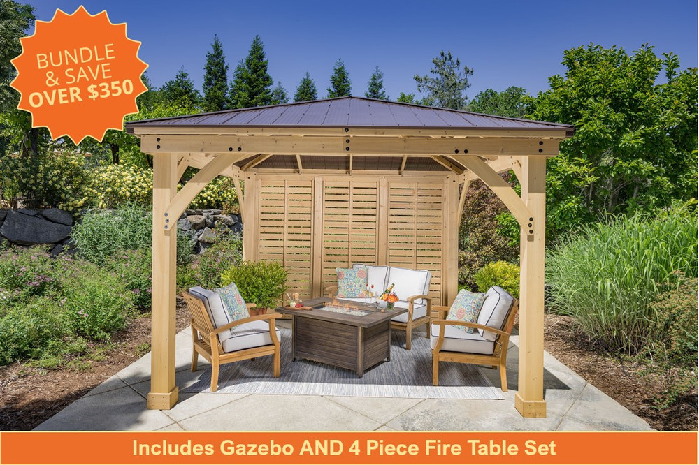 12 x 12 Meridian Gazebo Bundle with Privacy Wall and 4pc Teak Loveseat and Fire Table Set