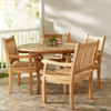 Premium teak outdoor dining table paired with four teak dining chairs in a 5 piece set