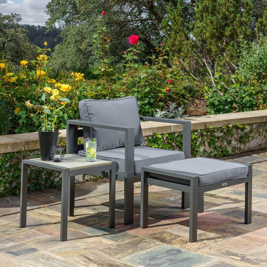 Modern aluminum outdoor seating with ottoman and table