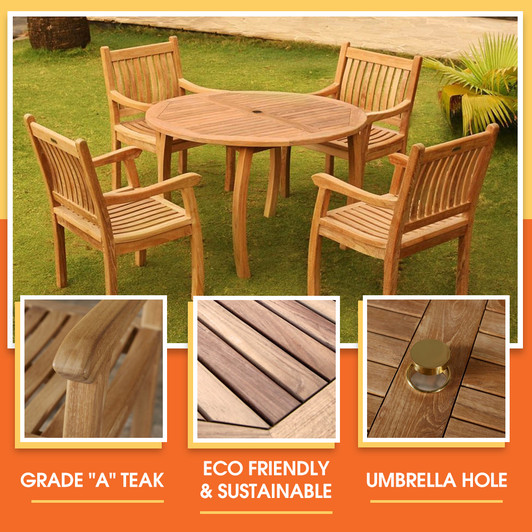 Durable teak outdoor dining set with a table and four teak dining chairs