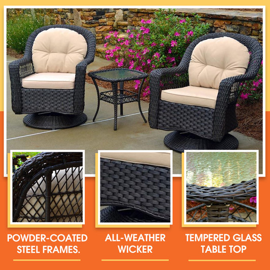 Biloxi Bistro Set - Outdoor Wicker Swivel Chair and Table Set (Dark Roast)