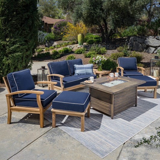 Teak 7pc Loveseat and Fire Table Set with Sunbrella® Cushions