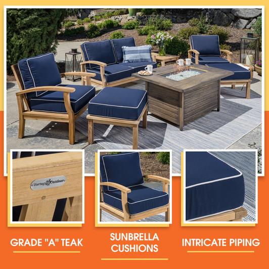 Teak 7pc Loveseat and Fire Table Set with Sunbrella® Cushions