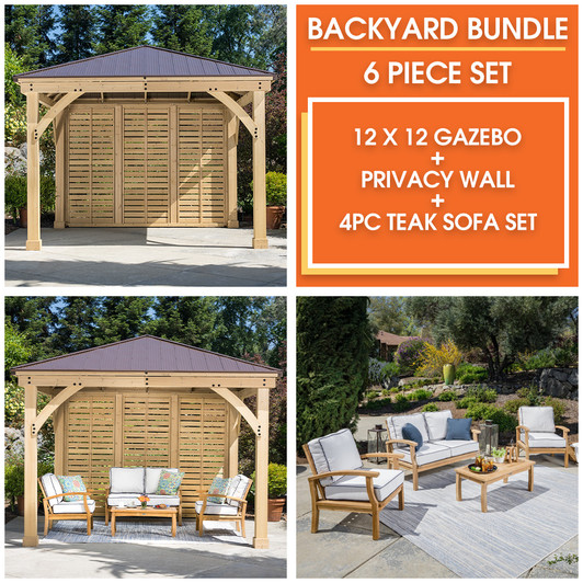Outdoor gazebo with privacy wall and 4-piece teak loveseat set