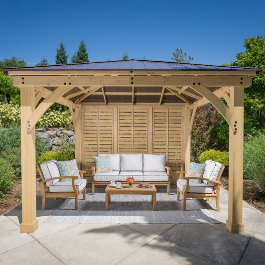 Gazebo Bundle with Privacy Wall and 4pc Teak Sofa Set