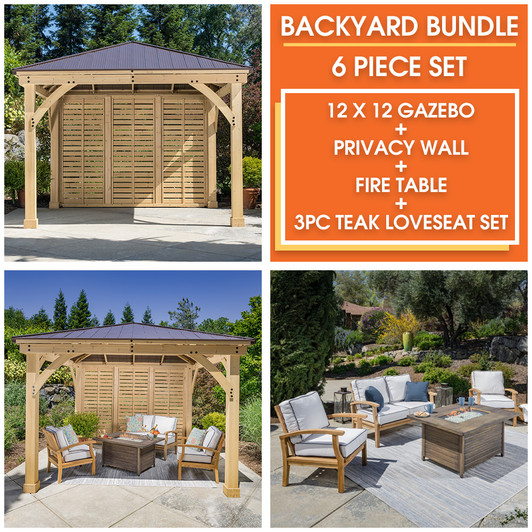Outdoor gazebo with privacy wall and 4-piece teak loveseat and fire table