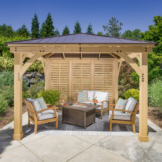 Gazebo with privacy wall and 4-piece teak seating set with fire table