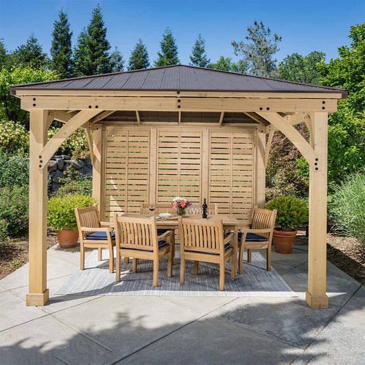 7-piece teak dining set with gazebo and privacy wall