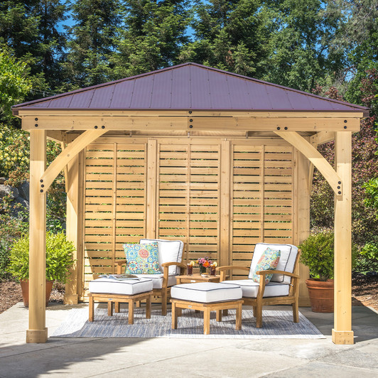 Gazebo set with privacy wall and 5pc teak club chair