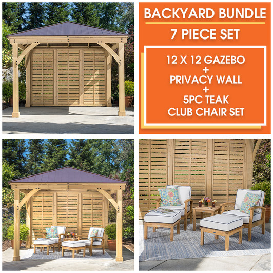5-piece teak club chair set with gazebo and privacy wall