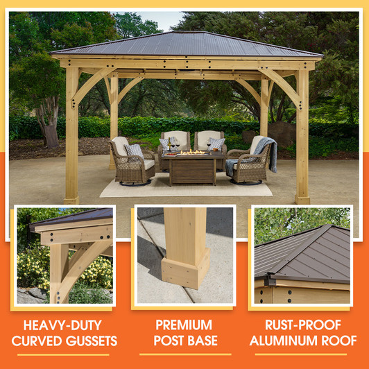 Wicker patio set with gazebo and fire table