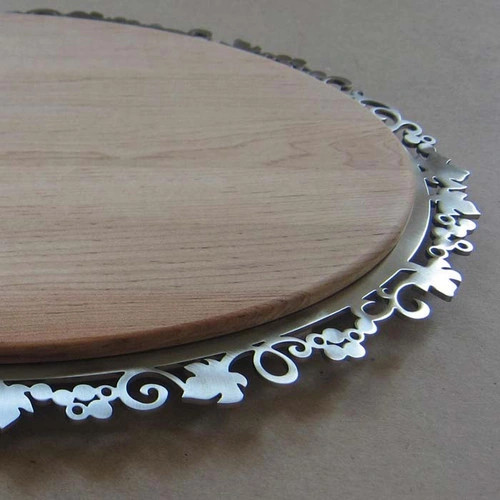 Wooden Challah Board with stainless steel lasercut grapevine design by Melanie Dankowicz