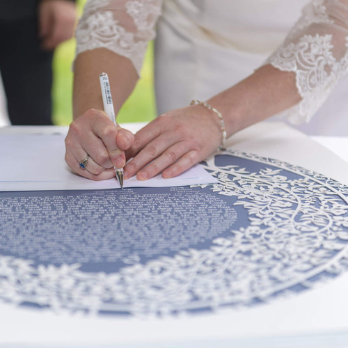 Blooming Tree Papercut Ketubah in Dusty Blue on display at wedding by Melanie Dankowicz Blooming Tree Papercut Ketubah in Dusty Blue on display at wedding by Melanie Dankowicz