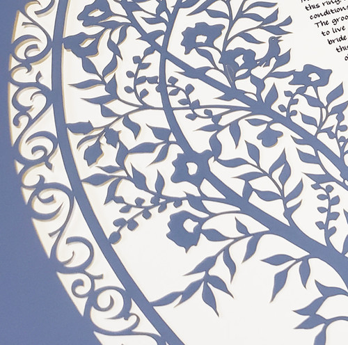 Blooming Tree Oval Ketubah cut from Dusty Blue - Melanie Dankowicz Blooming Tree Oval Ketubah cut from Dusty Blue - Melanie Dankowicz