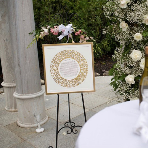 Garden Ketubah in Gold displayed at wedding by Melanie Dankowicz