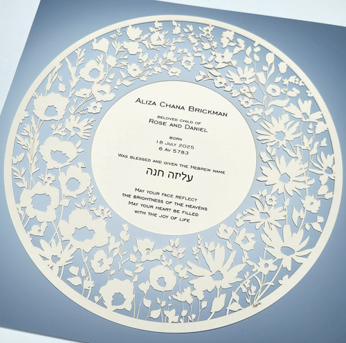 Meadow Baby Naming Certificate in Peaceful Blue angle - Melanie Dankowicz Meadow Baby Naming Certificate in Peaceful Blue angle - Melanie Dankowicz