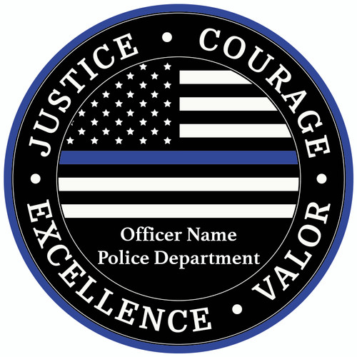This custom Thin Blue Line Police Sign pays tribute to the dedication and sacrifice of law enforcement officers. Directly printed on durable 12" PVC, this round sign features the American flag with the iconic blue line, surrounded by the words Justice, Courage, Excellence, and Valor. The center can be customized with the officer's name, rank, and department—making it a perfect gift or display piece for home, office, or precinct walls and proudly made to celebrate those who serve and protect. This custom Thin Blue Line Police Sign pays tribute to the dedication and sacrifice of law enforcement officers. Directly printed on durable 12" PVC, this round sign features the American flag with the iconic blue line, surrounded by the words Justice, Courage, Excellence, and Valor. The center can be customized with the officer's name, rank, and department—making it a perfect gift or display piece for home, office, or precinct walls and proudly made to celebrate those who serve and protect.