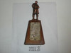 1960's mckenzie Boy Scout Trophy on wood stand, Copper finish, with a cast fleur-de-lis