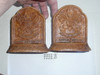 boy scout sorrocco pressed wood book ends, 4 wide by 5.25 tall, one has been repaired, has minor chips