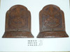 boy scout sorrocco pressed wood book ends, 4 wide by 5.25 tall, dark brown, no metal bottoms