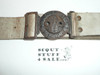 Early British Boy Scout Cast Belt Buckle on Leather Belt, used and leather faded