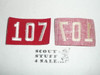 1940's Red Troop Numeral "107", felt, gauze back, Unused