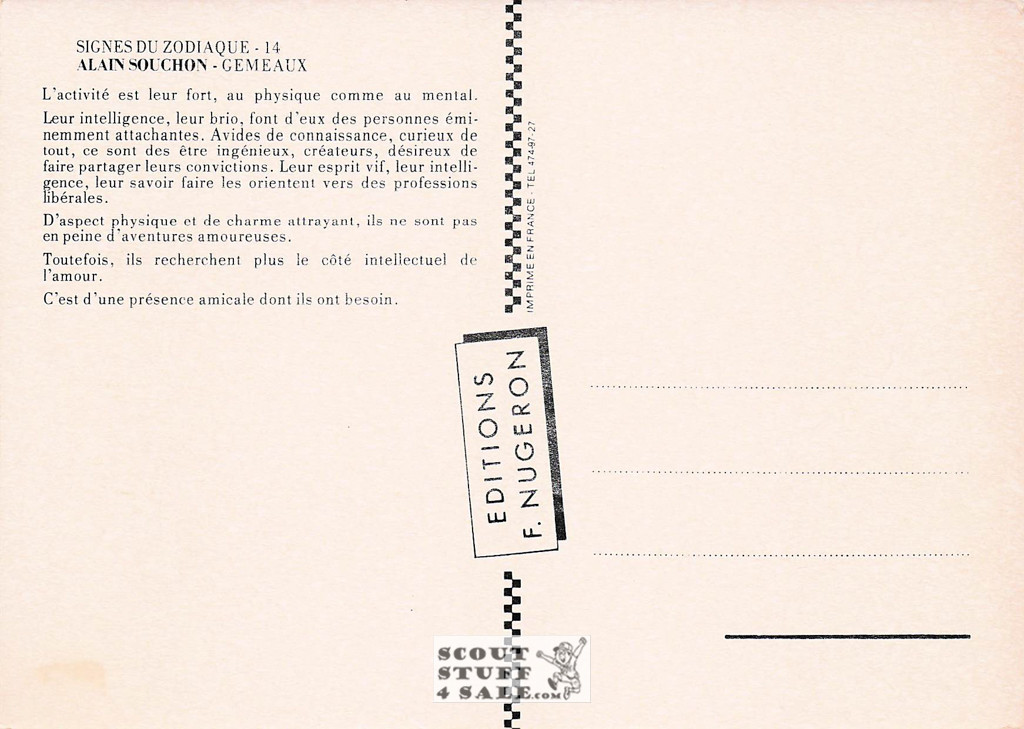 Zodiac Series on Postcards in French, Gemini-Alain Souchon, Editions Nugeron #ZODIAC14