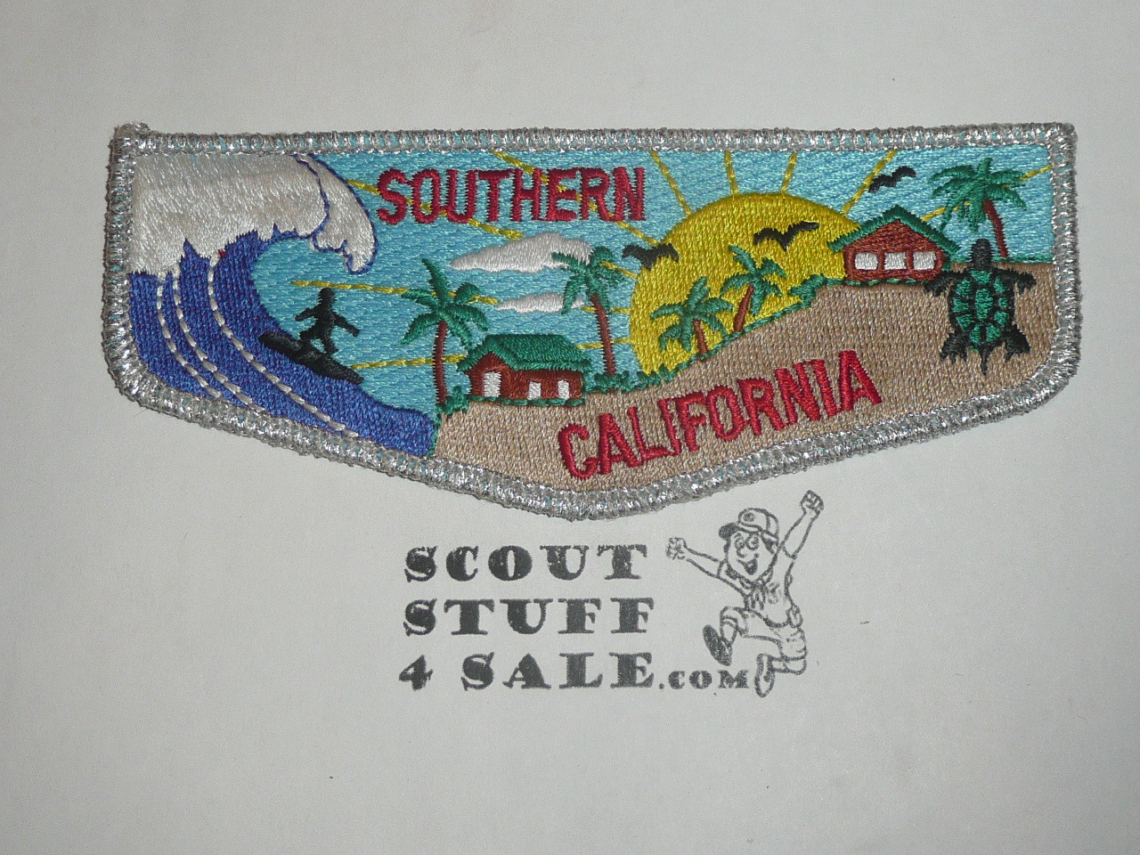 Order of the Arrow SPOOF Southern California OA 75th Anniversary Flap Patch, silver mylar