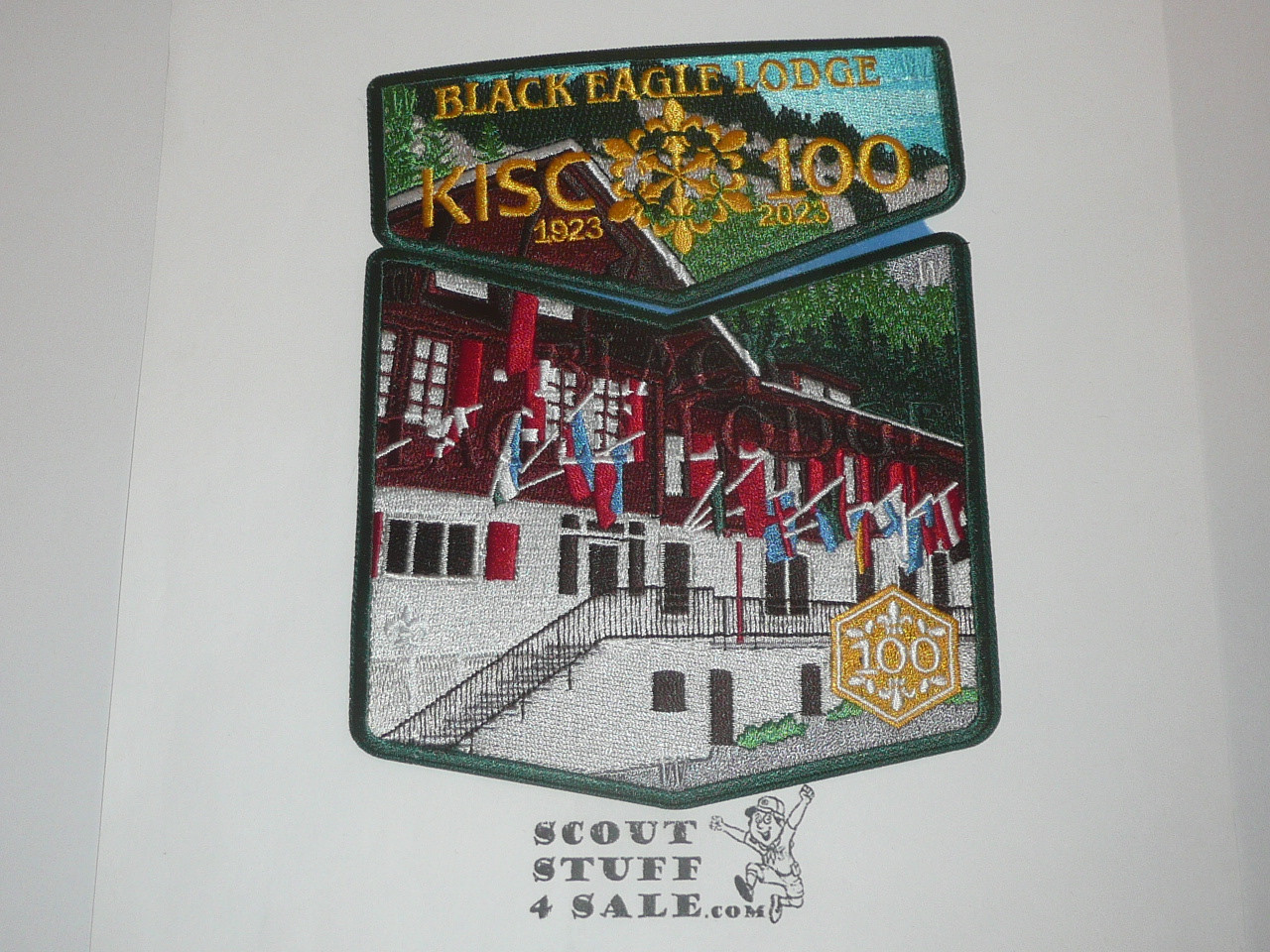 Order of the Arrow Lodge #482 Black Eagle 2023 Kandersteg International Scout Centre 100th Anniversary 2-piece Flap Patch Set, grn bdr