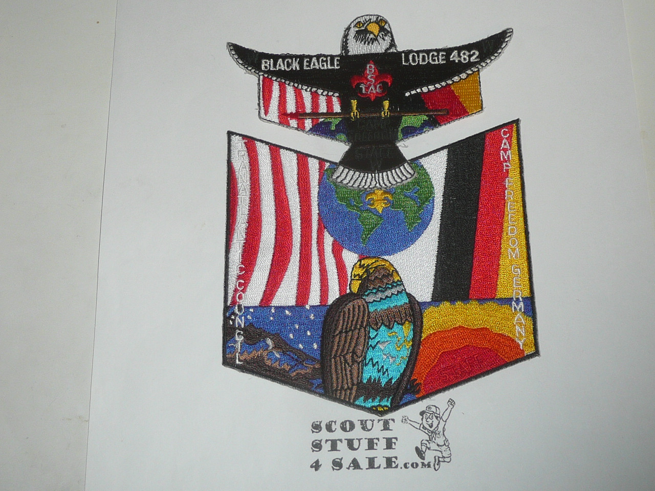 Order of the Arrow Lodge #482 Black Eagle Camp Freedom STAFF 2-piece Flap Patch Set with half sized flap