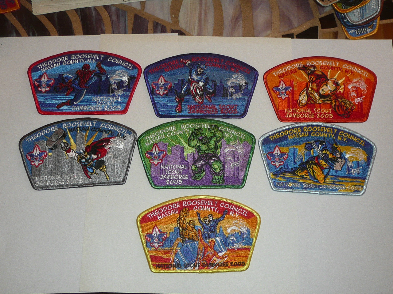 2005 Boy Scout National Jamboree JSP - Theodore Roosevelt Council, set of 7 Superheros with large Jacket patch