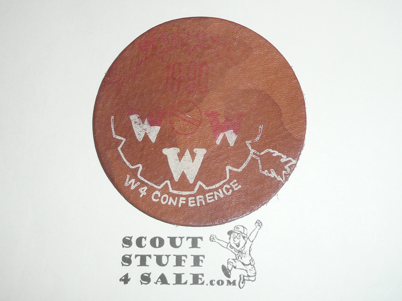 Order of the Arrow Lodge #13 Wiatava 1990 W4 Conference Leather Patch, red/wht print