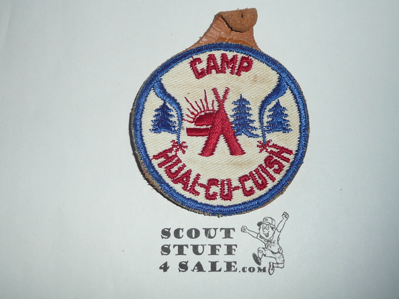 Camp Hual-Cu-Cuish Patch, San Diego County Council, cut edge twill, on leather