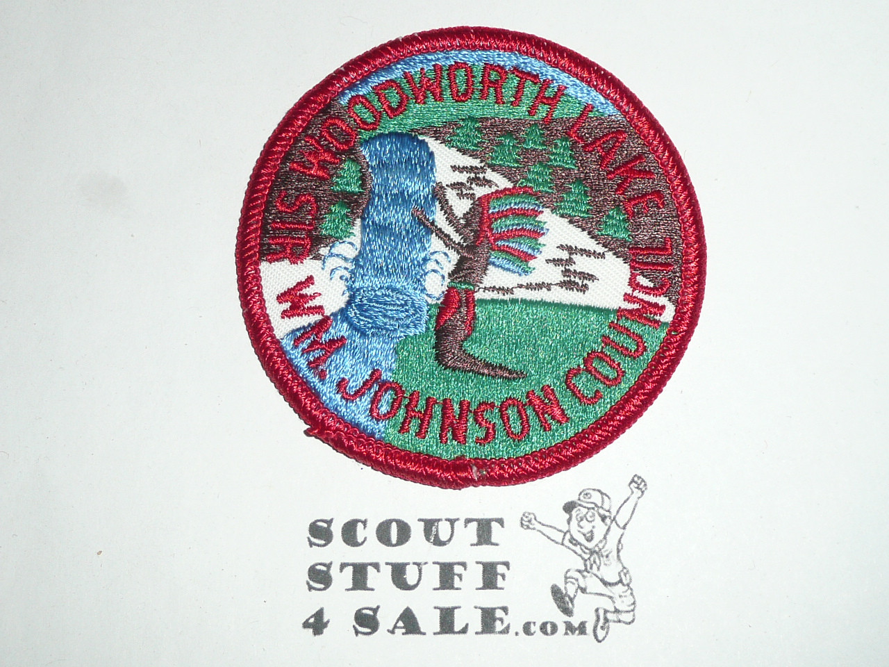 Woodworth Lake Scout Reservation Patch, Sir William Johnson Council, 1975 , wht twill, red r/e bdr