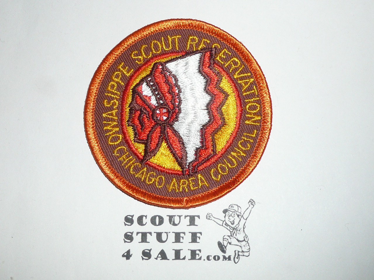 Owasippe Scout Reservation Patch, Chicago Area Council, brown twill and orange bdr