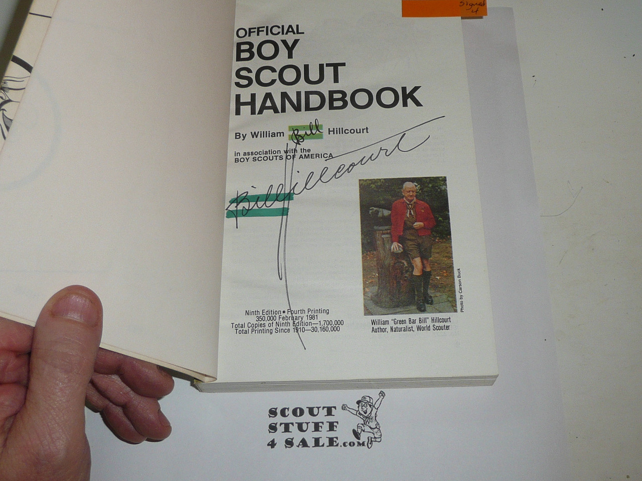 1981 Boy Scout Handbook, Ninth Edition, Fourth Printing, MINT condition, Signed by Green Bar Bill Hillcourt, Last Norman Rockwell Cover