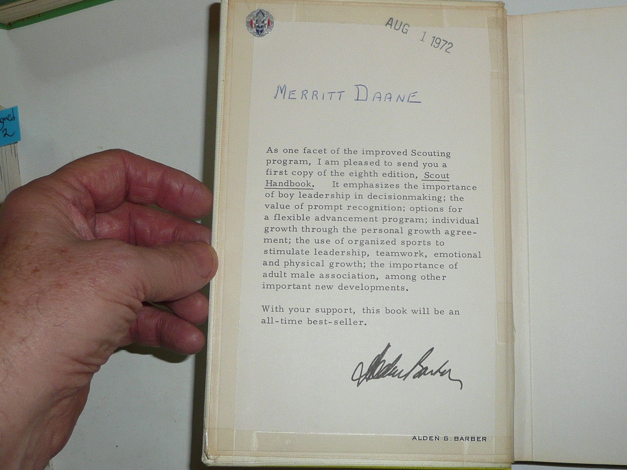 1972 Boy Scout Handbook, Eighth Edition, First Printing, Hardbound printing, MINT condition, One of the first copies presented by Alden Barber with letter inside cover