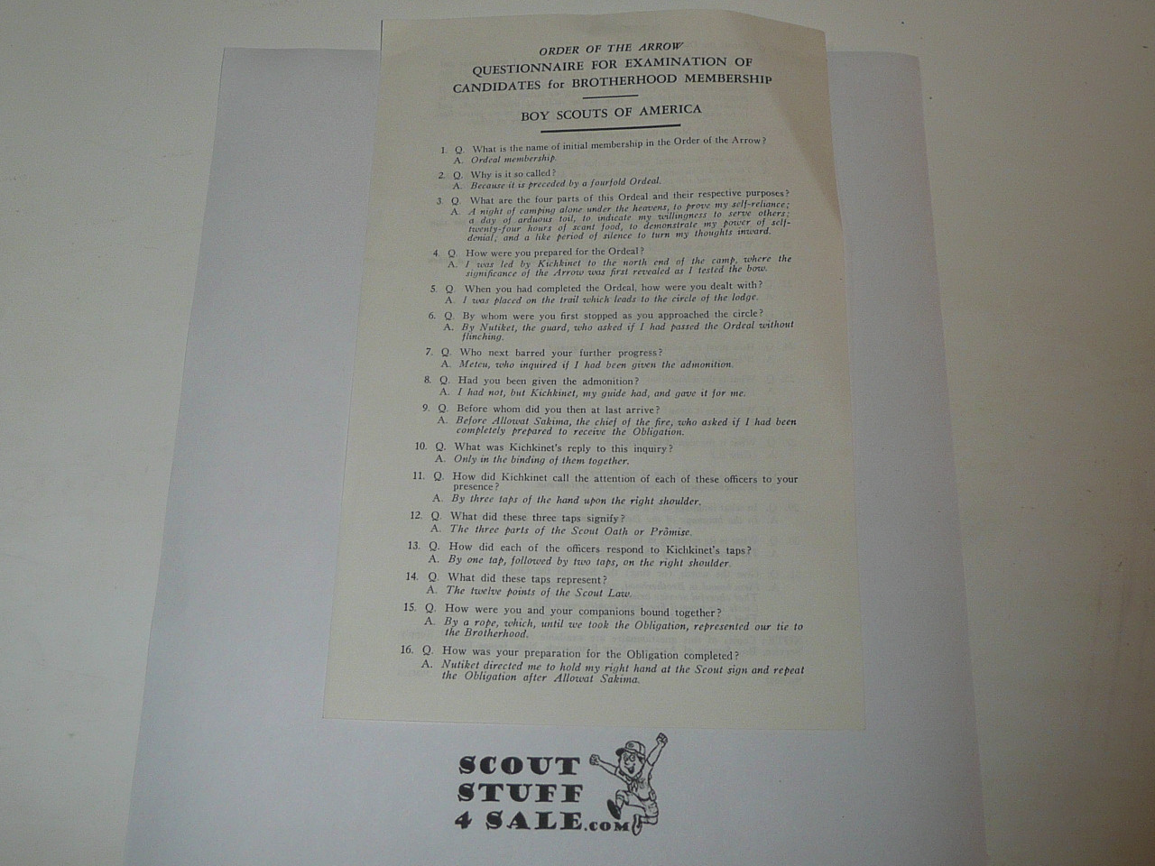 Questionnaire for Examination of Candidates for Brotherhood Membership, Order of the Arrow, 1-66 Printing