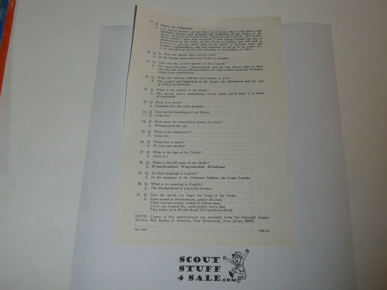 Questionnaire for Examination of Candidates for Brotherhood Membership, Order of the Arrow, 1-66 Printing