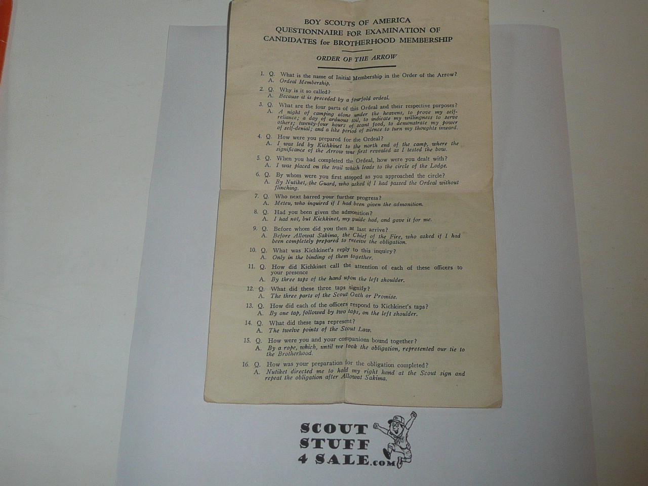 Questionnaire for Examination of Candidates for Brotherhood Membership, Order of the Arrow, 12-53 Printing