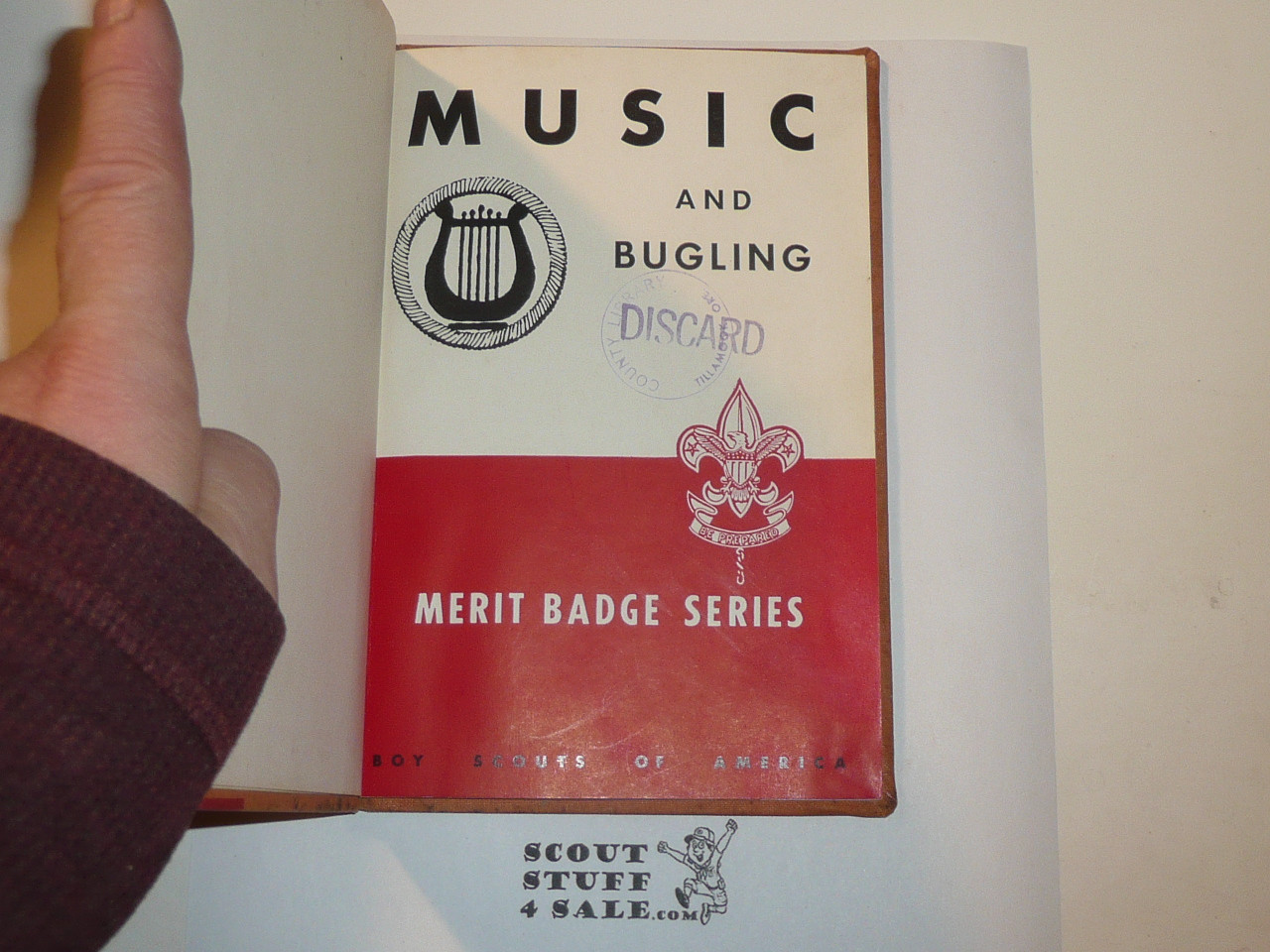 Music and Bugling Library Bound Merit Badge Pamphlet, Type 5, Red/Wht Cover, 4-51 Printing, minor water damage