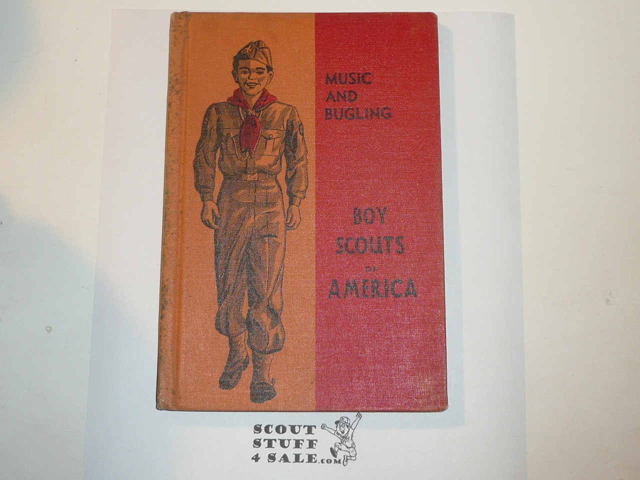 Music and Bugling Library Bound Merit Badge Pamphlet, Type 5, Red/Wht Cover, 4-51 Printing, minor water damage