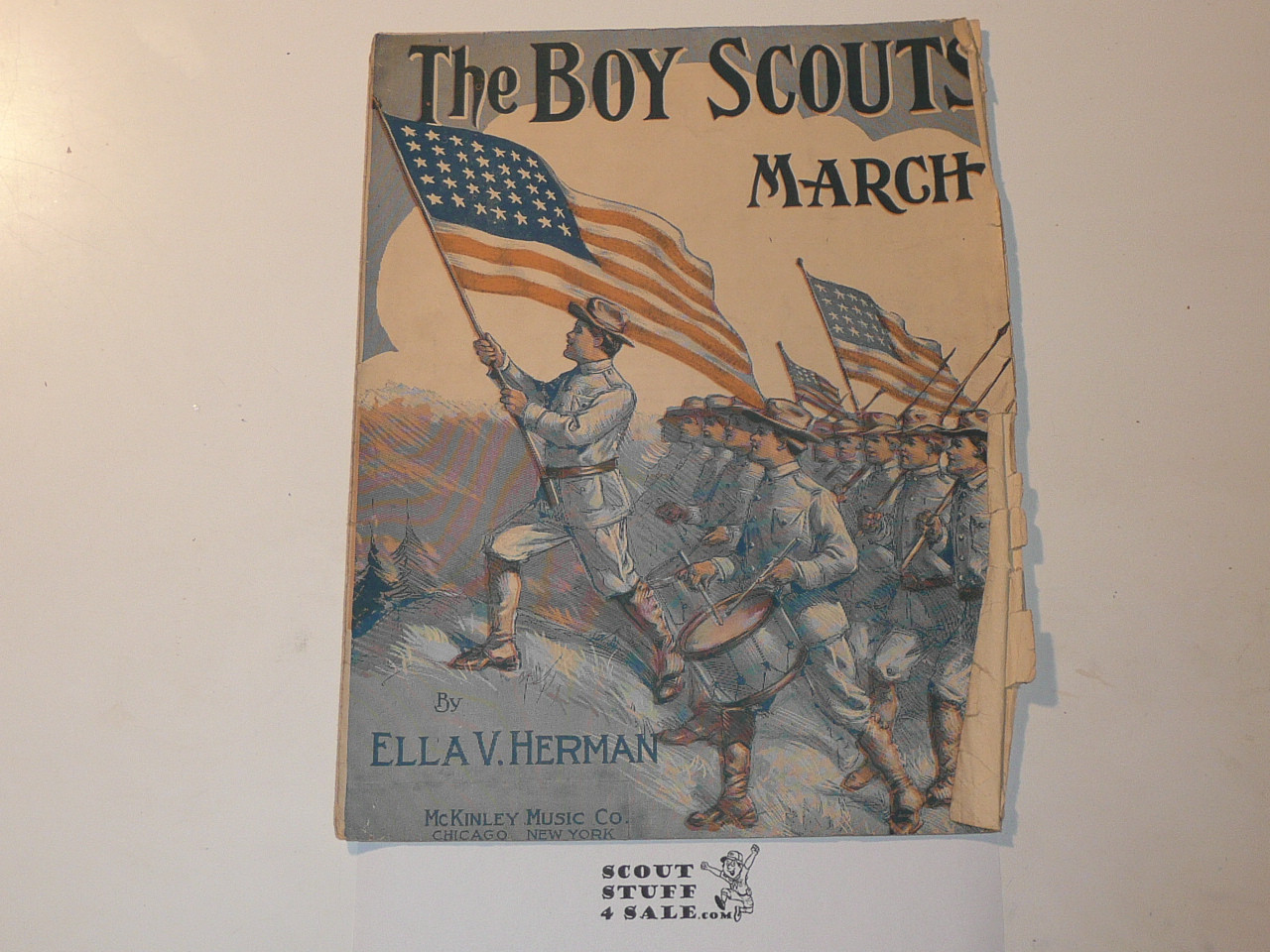 1911 The Boy Scouts March Sheet Music, by Ella V. Herman, shows wear