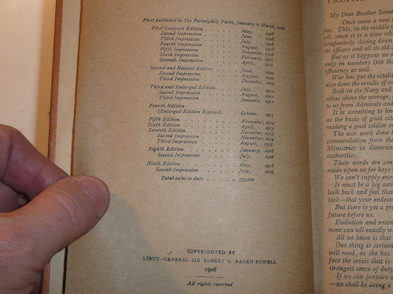 1919 Scouting for Boys, By Lord Baden-Powell, 7-19 Printing, some wear with spine damage