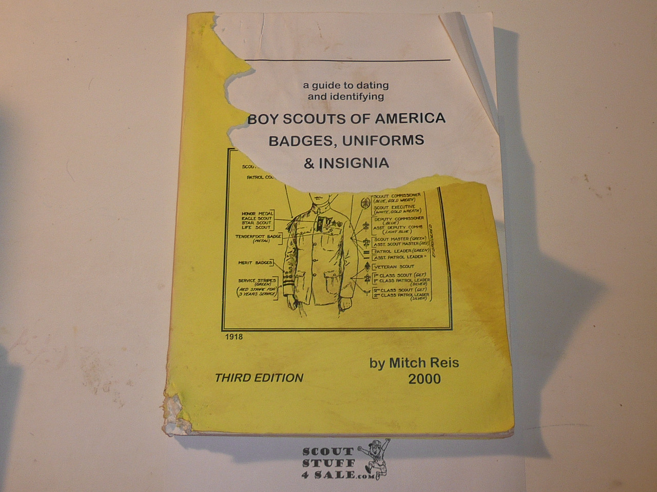 A Guide to Dating Boy Scouts of America Badges, Uniforms & Insignia, By Mitch Reis, Third Edition, 2000 printing, Signed by Author, cover and bottom edge of spine damaged